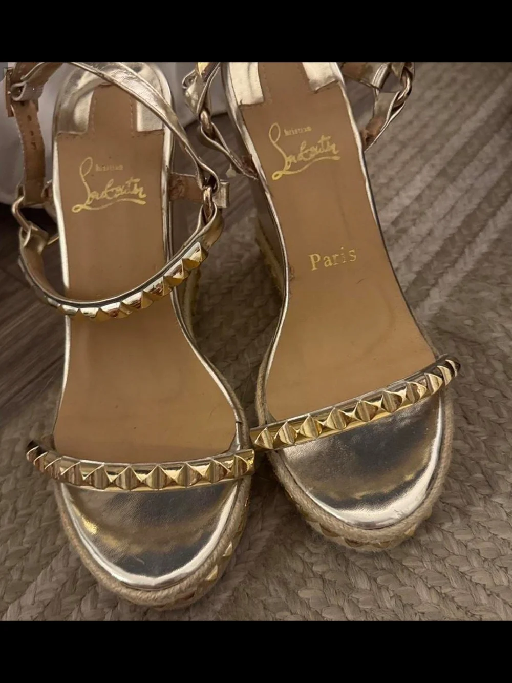 Christian Louboutin Metallic Gold Studded Espadrille Wedges